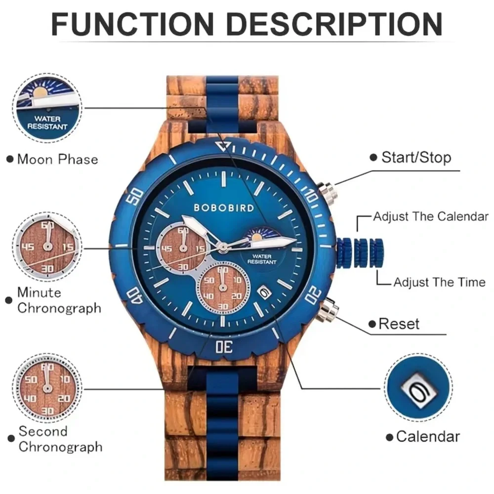 Luxury Zebra Wood Blue Chronograph Military Quartz Watch - Picture 15 of 16